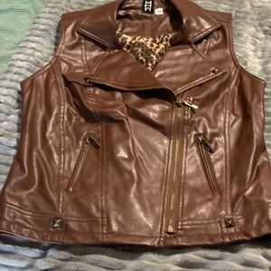 Marc Bouwer Brown Faux Leather Moto Vest with Leopard Lining